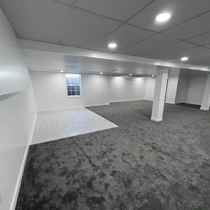 Finished basement with gray carpet and small window