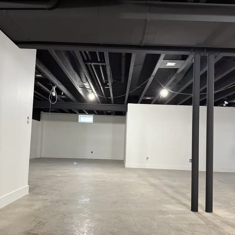 basement interior with black painted ceiling joists and ductwork