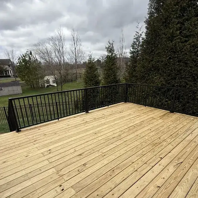 Wood deck surface with black metal railings rural view